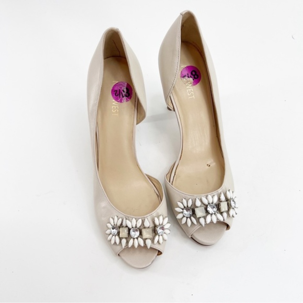 Nine West Cream Leather D’Orsay Jeweled Peep Heels, Size 8.5M - Picture 10 of 10